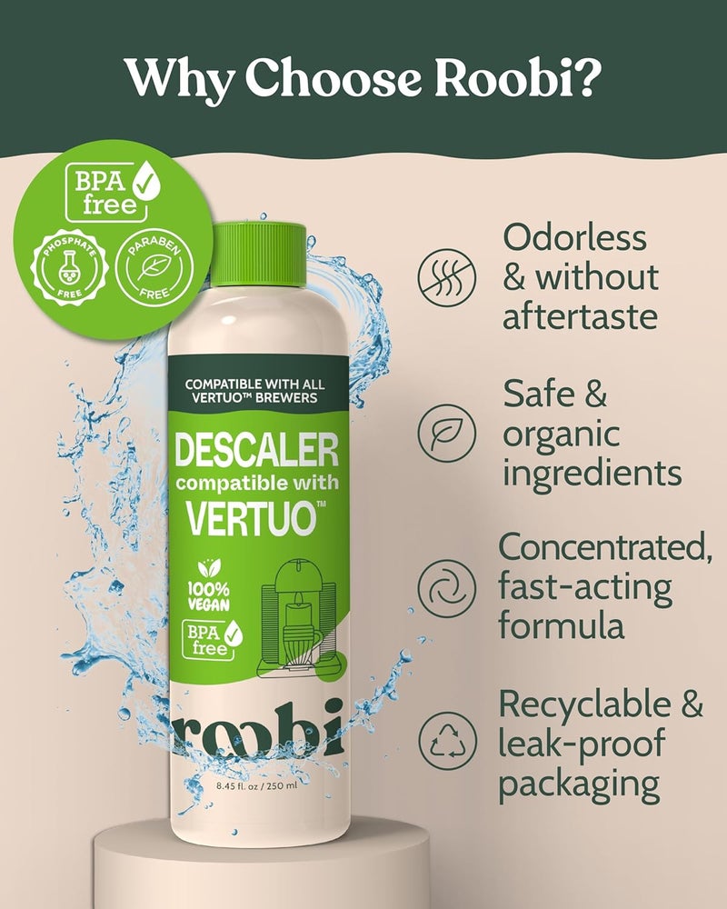 Roobi Nespresso Vertuo Compatible Descaling Solution. Eco-Friendly Formula to Clean & Descale Your Nespresso Vertuoline Machine. 2 Uses per Bottle, 2 Pack. Carbon Neutral Vertuo Descaling Kit. - Image 4